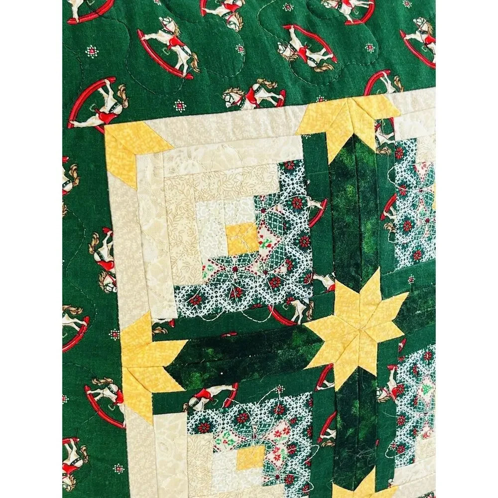Vintge Christmas Quilted Decor Pillow Red Green Yellow 14x14 Rocking Horse Star
